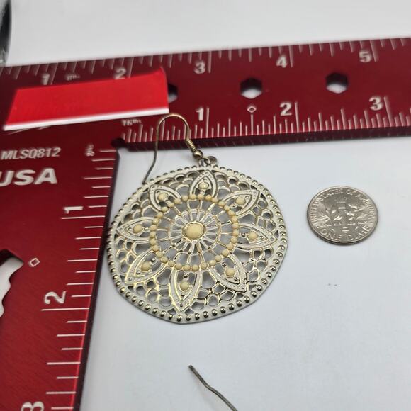 Earrings Boho Dangle Silver Tone Gold Mandala Filigree Round Drop SKU2412 - Picture 3 of 7